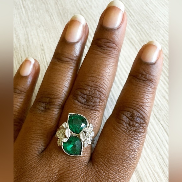 60s Statement Ring Sarah Coventry Love Story May Emerald Silver Tone Adjustable - Picture 1 of 11
